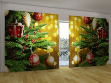 Laden Sie das Bild in den Galerie-Viewer, Fotogardine &quot;Weihnachtsbaumdeko&quot; Gabardine, Kräuselband, H245, B400 (2x200) cm